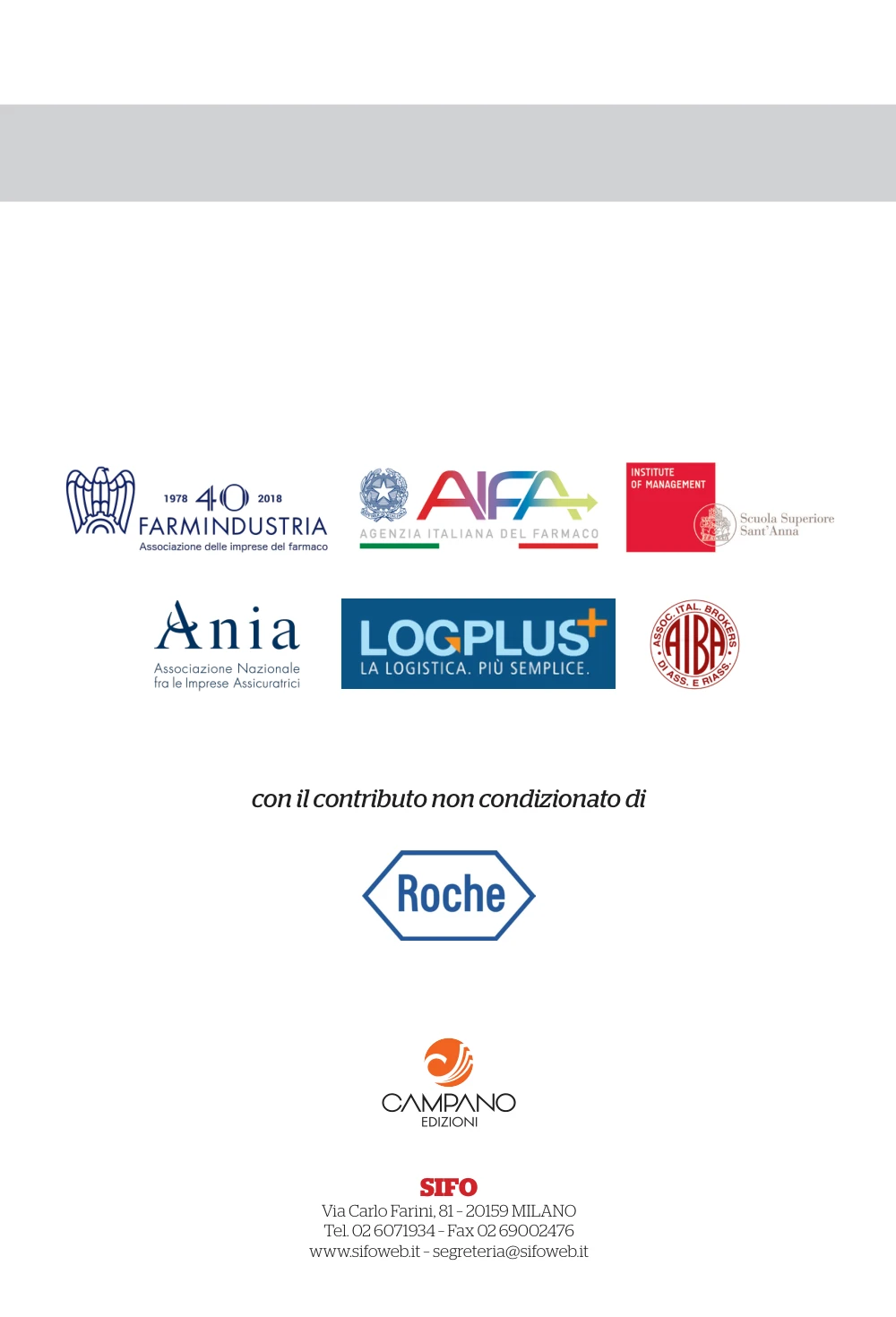 Quarta di copertina del manuale con i loghi di Farmindustria, AIFA, Scuola Superiore Sant'Anna, ANIA, Logplus e AIBA