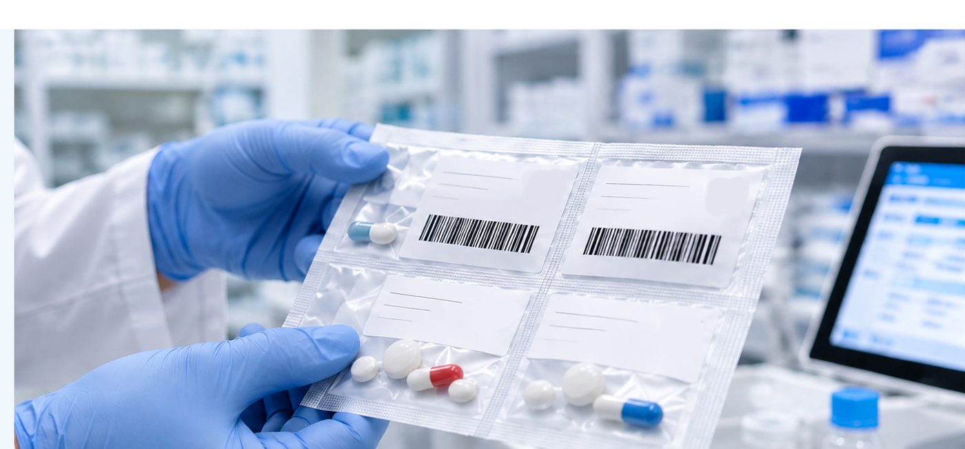 Operatore sanitario con guanti che controlla le bustine in dose unitaria