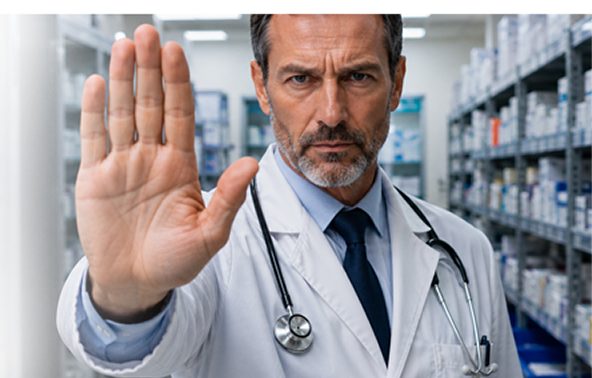 Farmacista che indica lo stop: la sicurezza del farmaco inizia prima della terapia